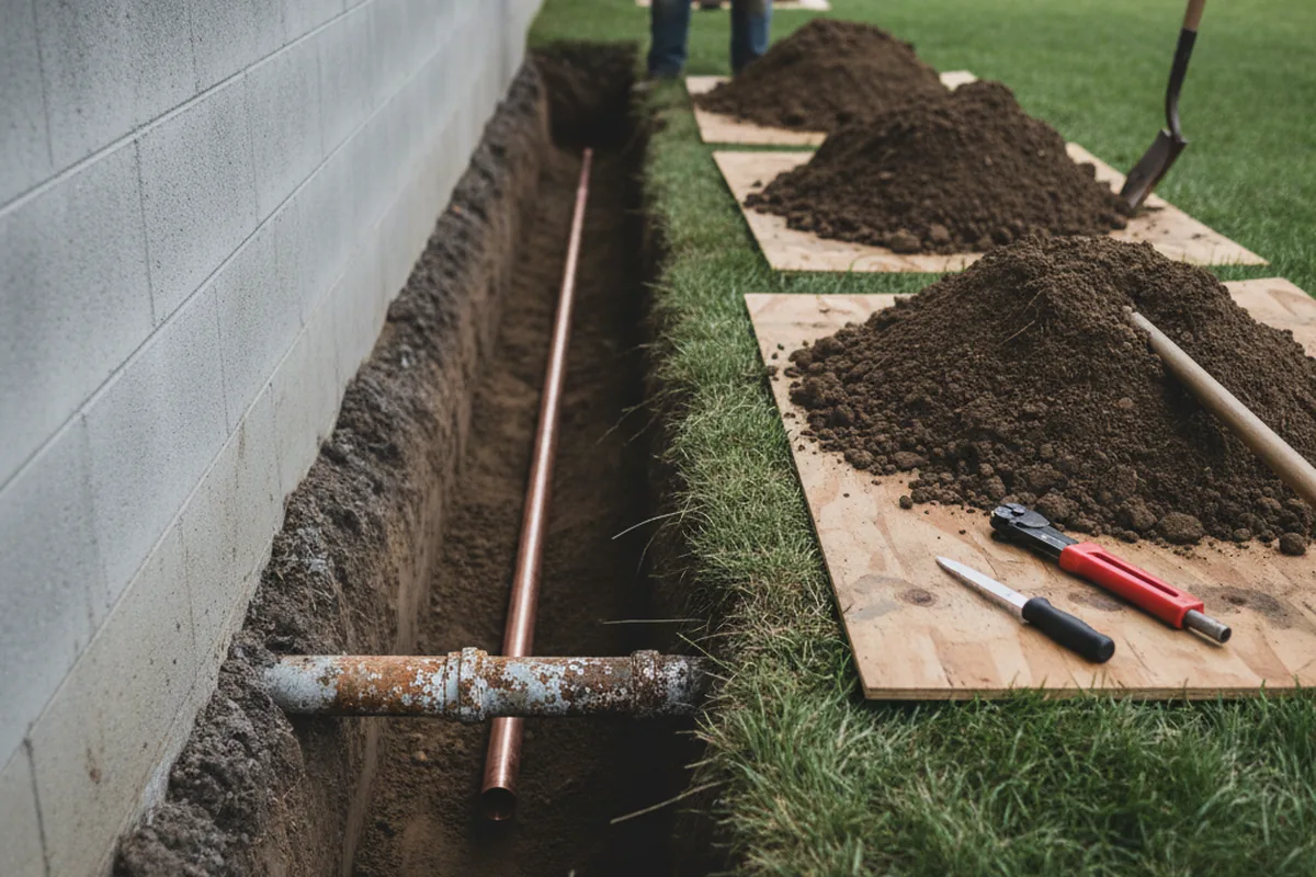 Excavated water line trench during Water Heater Repair in Forestburg
